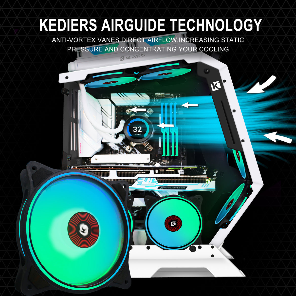 KEDIERS PC Case - ATX Tower Tempered Glass Gaming Computer Open Frame Case  with 7 ARGB Fans